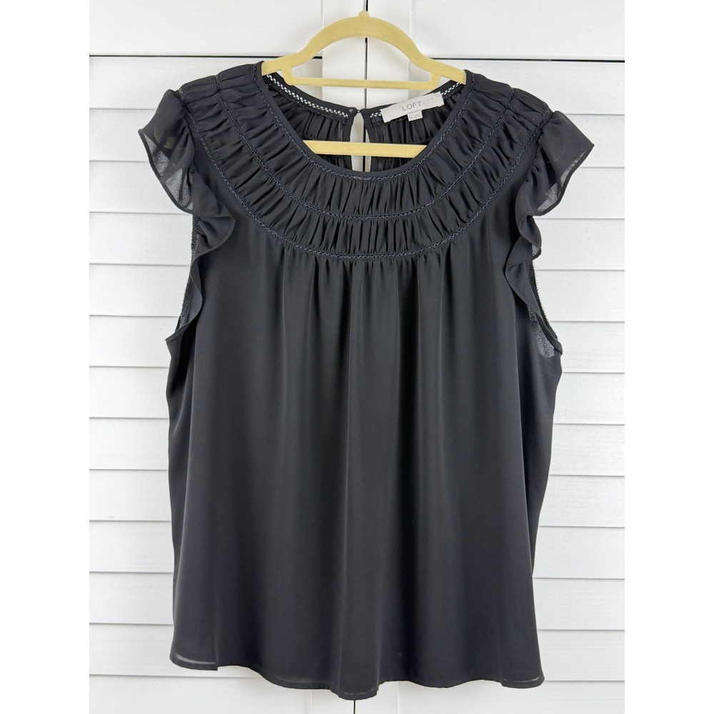 LOFT Flutter Sleeve Blouse Women XXL Black Pleated Neck Keyhole Accent